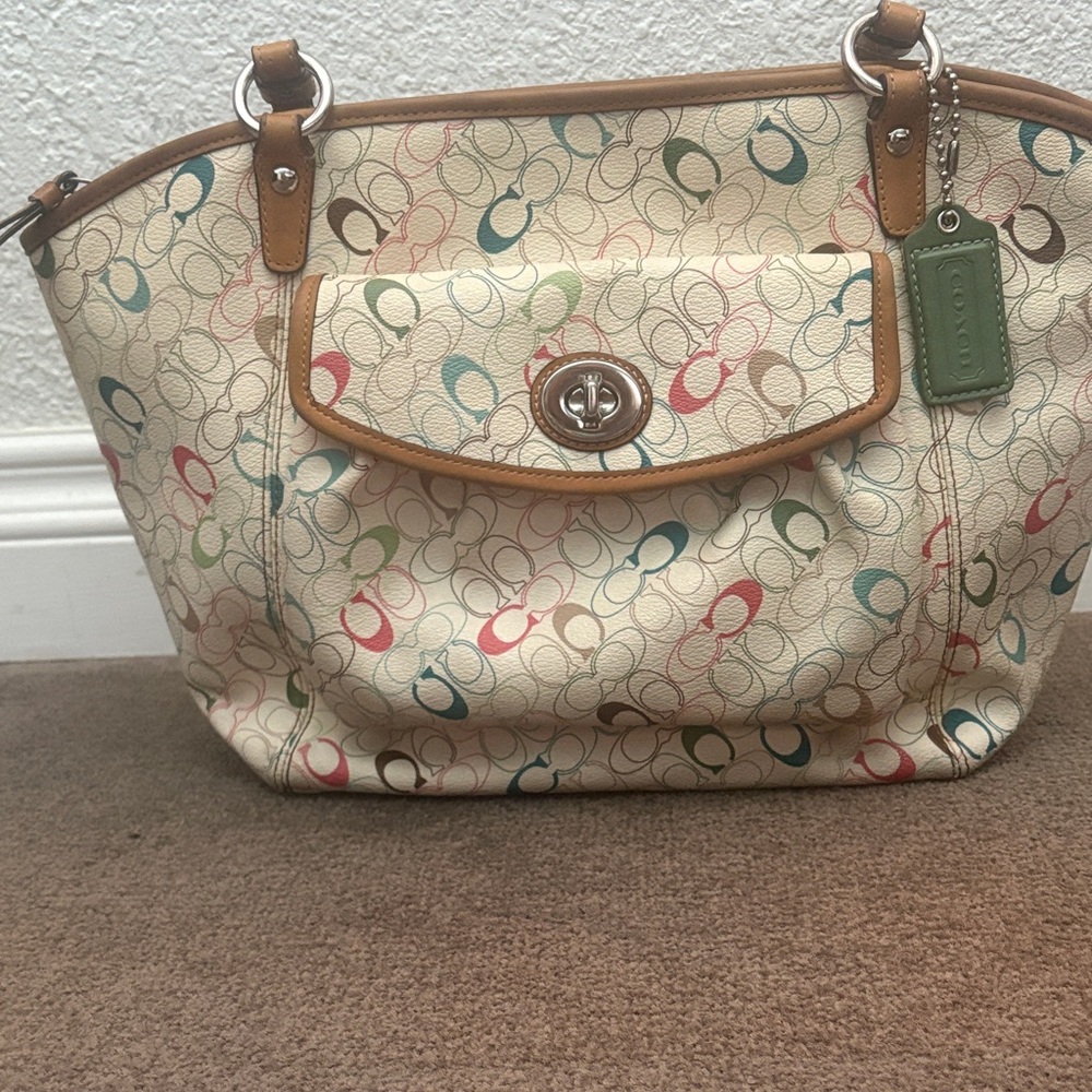 Coach Multicolor Signature Shoulder Bag with Tan Accents